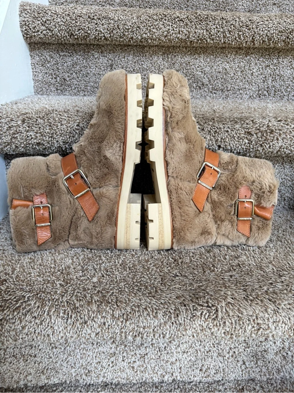 Jimmy Choo London Teddy Women’s Faux Fur Tan Buckle Ankle Boots